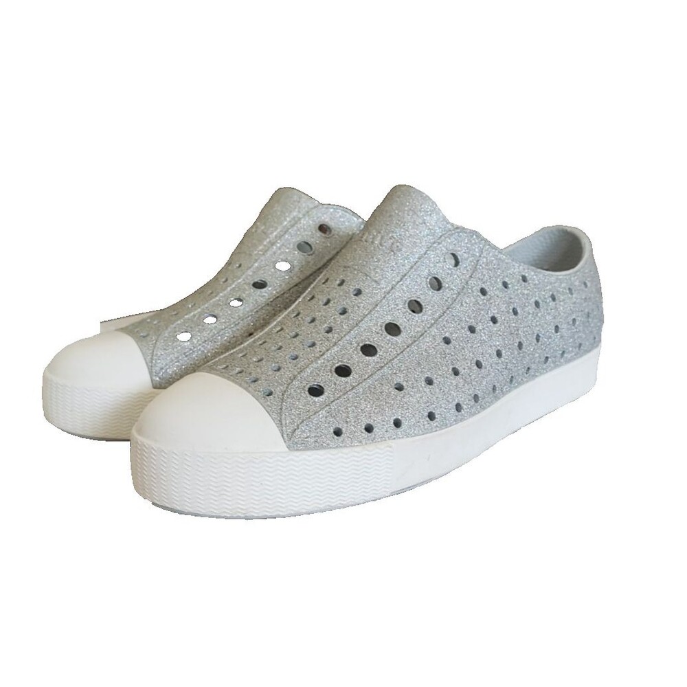 Native Jefferson Glitter Silver White Slip On Water Shoes Big Kids Size J2